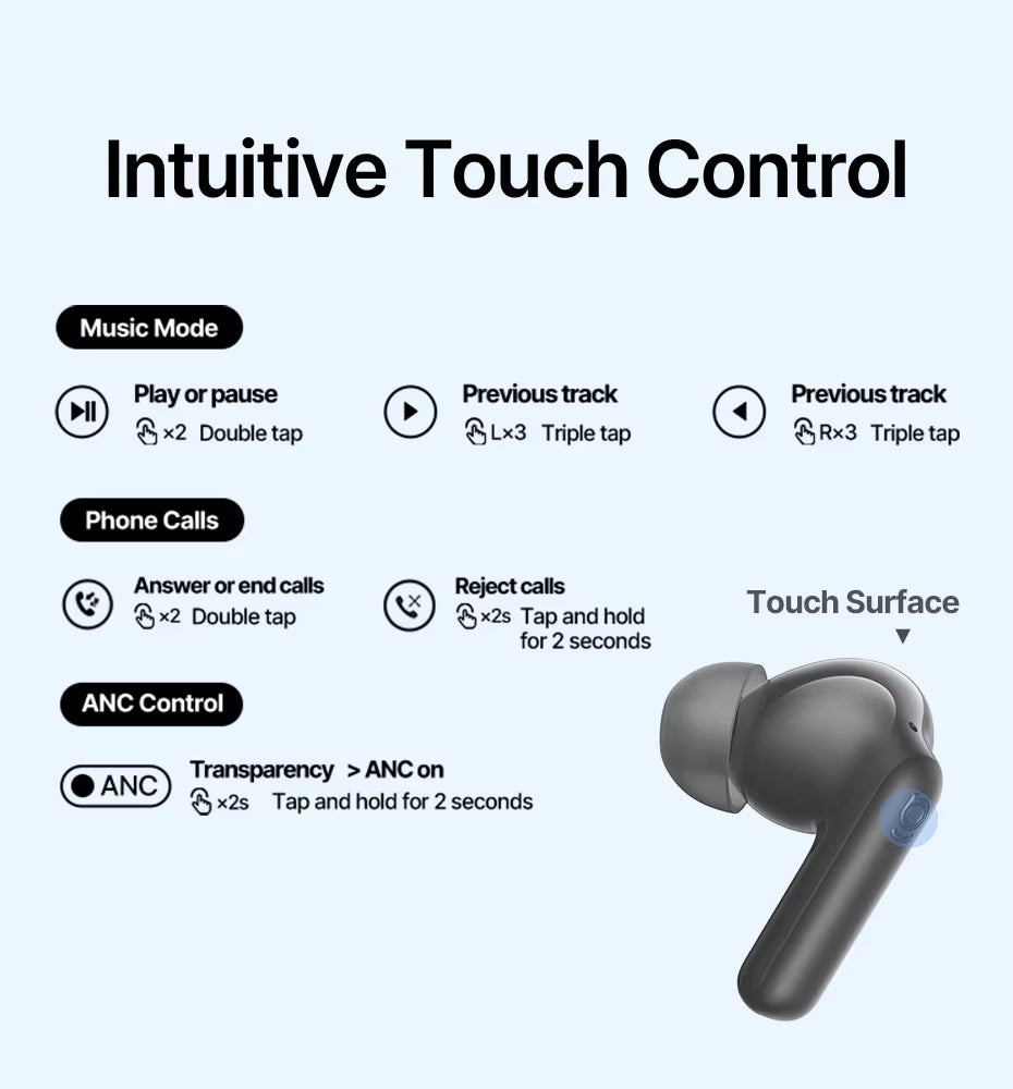 Baseus earbuds with control buttons and a touch surface on a white background