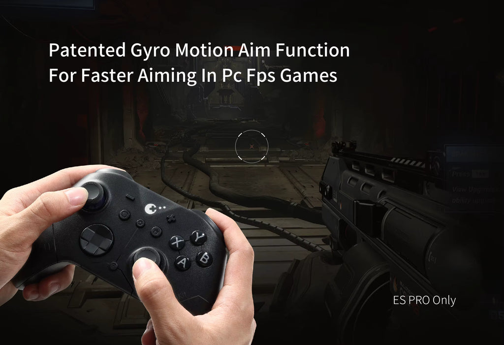 GuliKit ES Pro Controller held in hands demonstrating patented gyro motion aim function. Background shows first‑person shooter gameplay with weapon and crosshair, highlighting faster aiming capability for PC FPS games. Text reads “Patented Gyro Motion Aim Function – For Faster Aiming in PC FPS Games – ES Pro Only.”