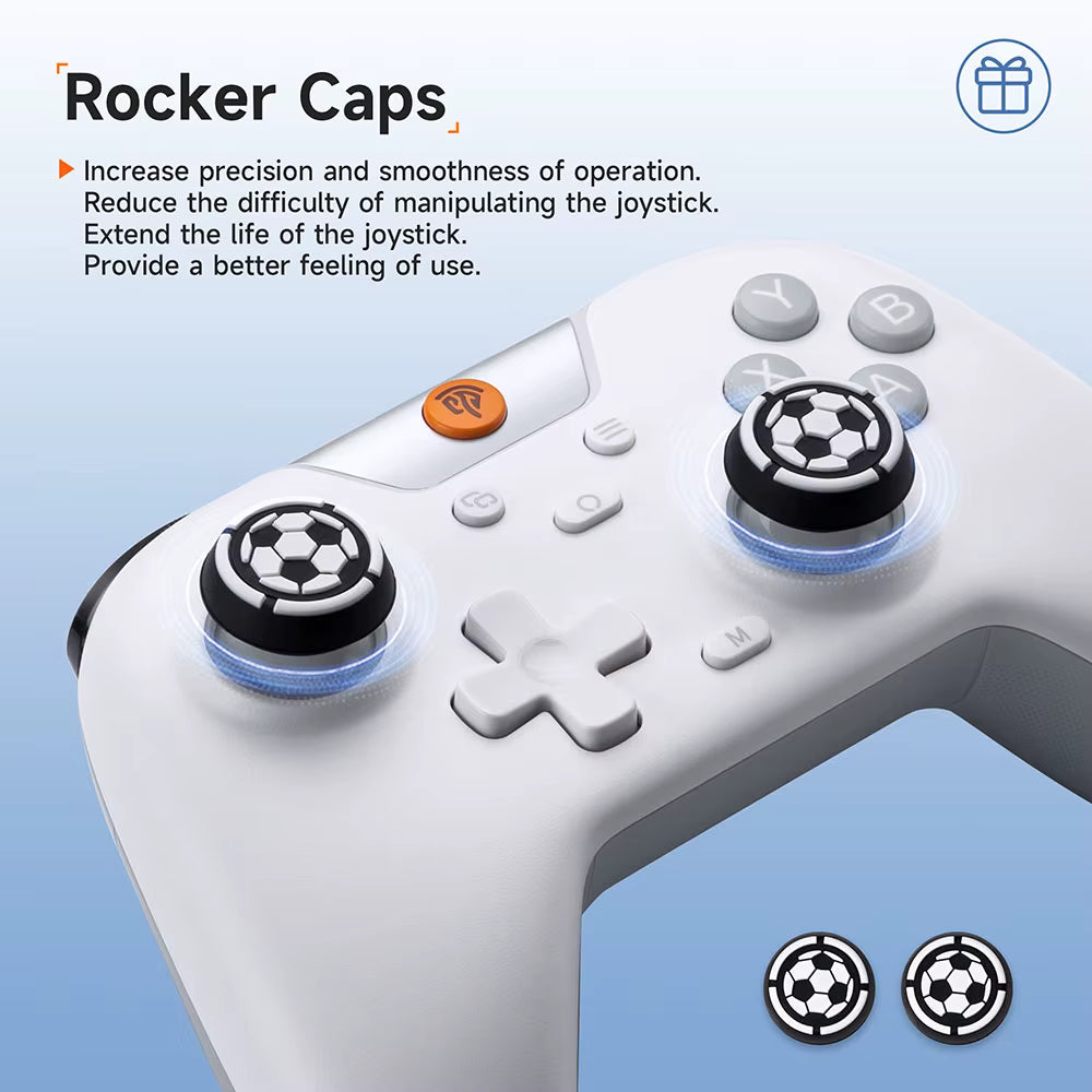 White controller with soccer‑pattern joystick caps shown on blue background with two extra caps and precision‑enhancing benefits.