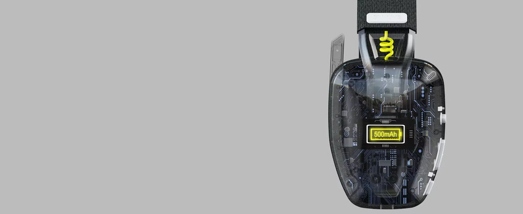 Rear-angle product view showcasing the headband adjustment and branding details