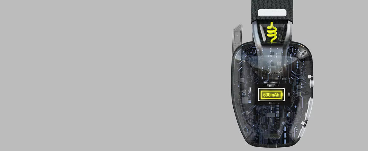 Rear-angle product view showcasing the headband adjustment and branding details