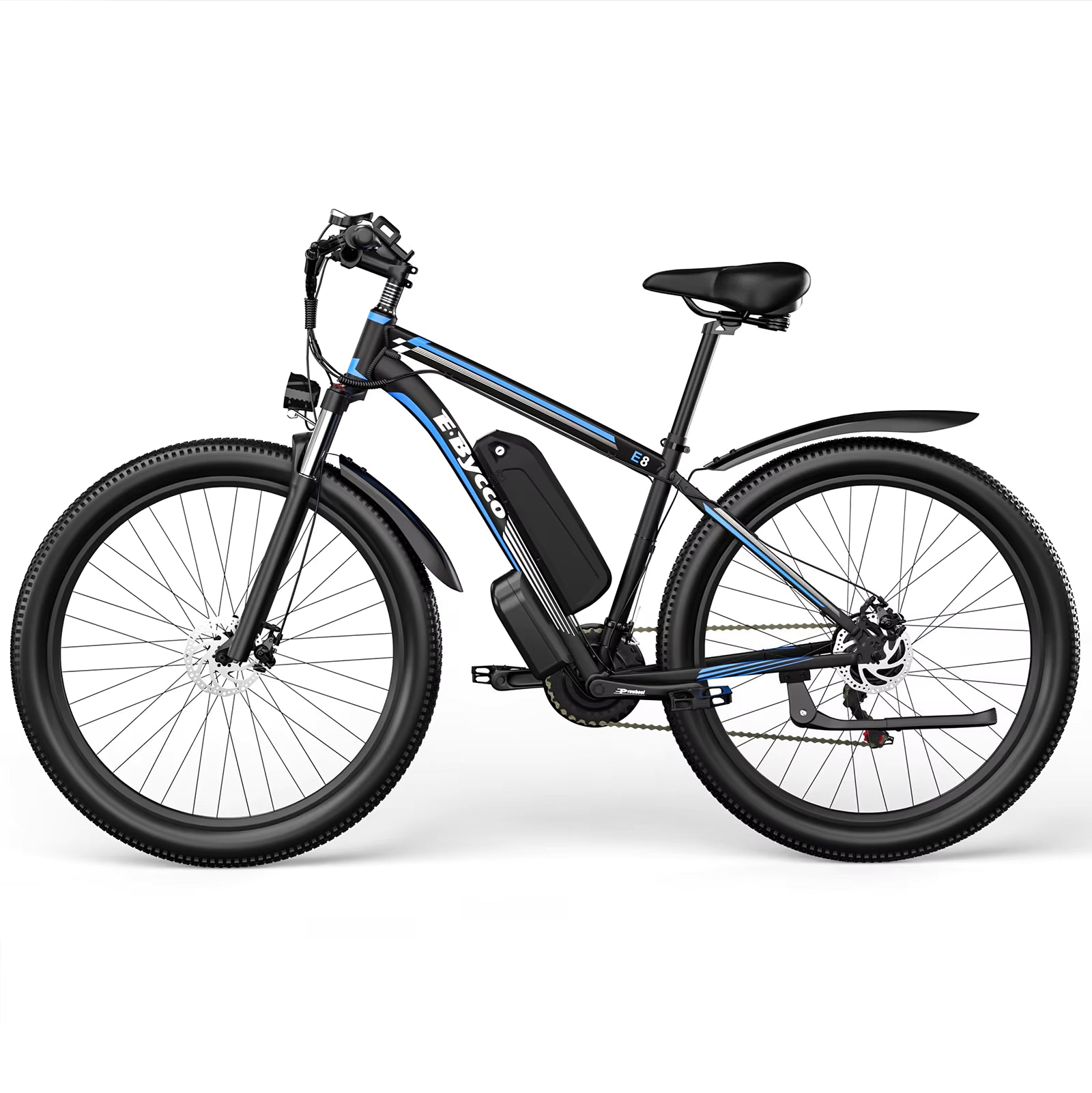 Black electric bicycle with blue accents on a white background