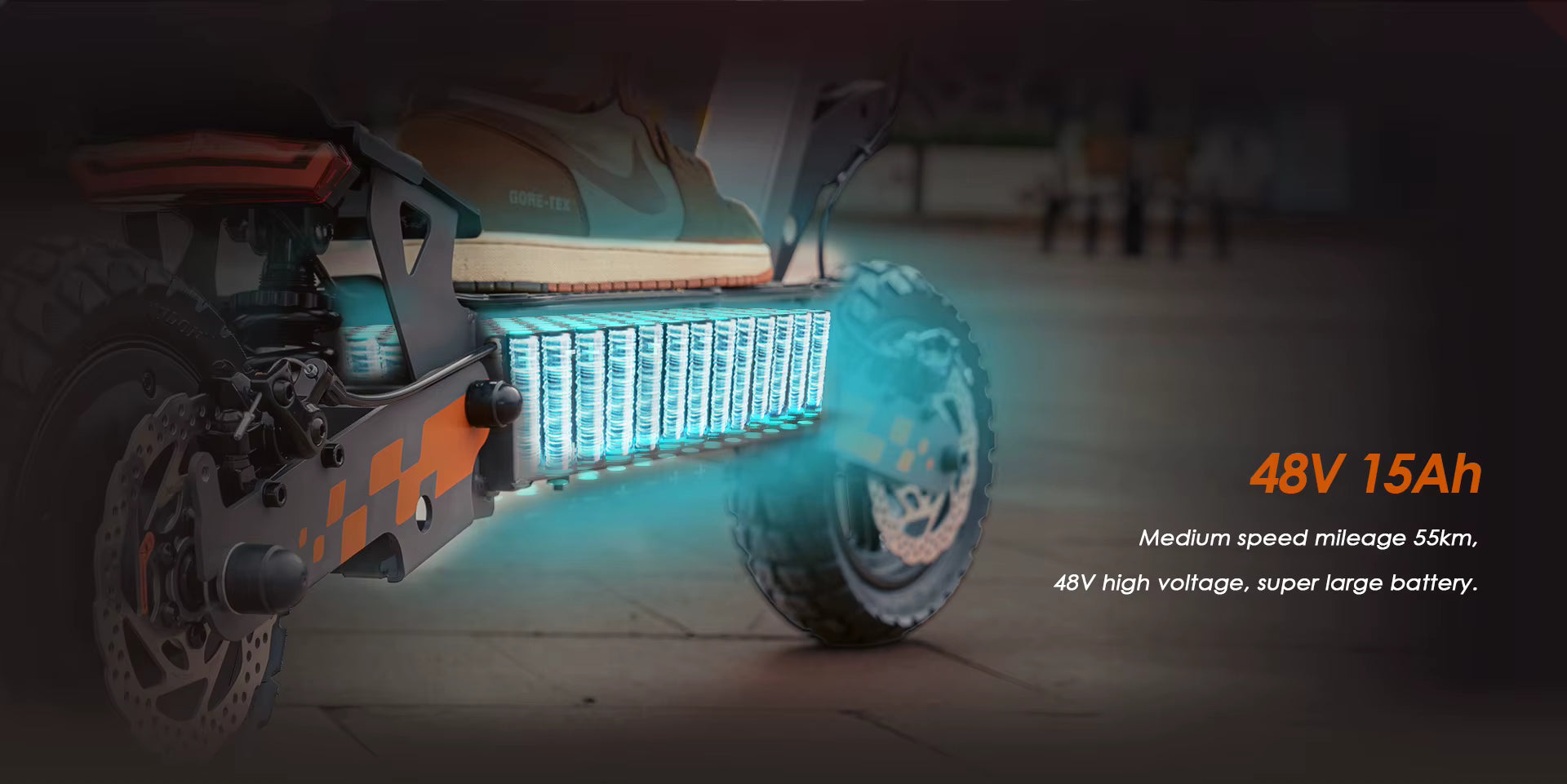 Close-up of an e-scooter chassis with glowing blue battery pack and text about battery specifications.