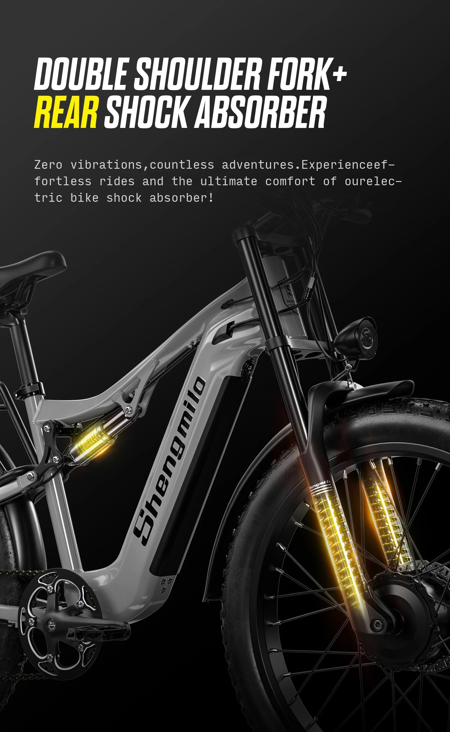 Electric bike with double shoulder fork and rear shock absorber on a black background