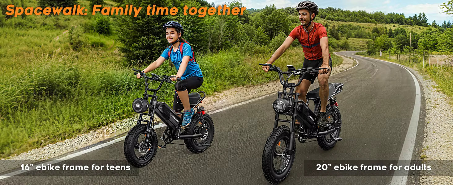 Two people riding Spacewalk 1500W electric bikes on a road with text about family time together and bike frame sizes.