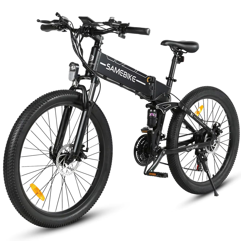 Black electric bike with 'SAMEBIKE' branding on a white background