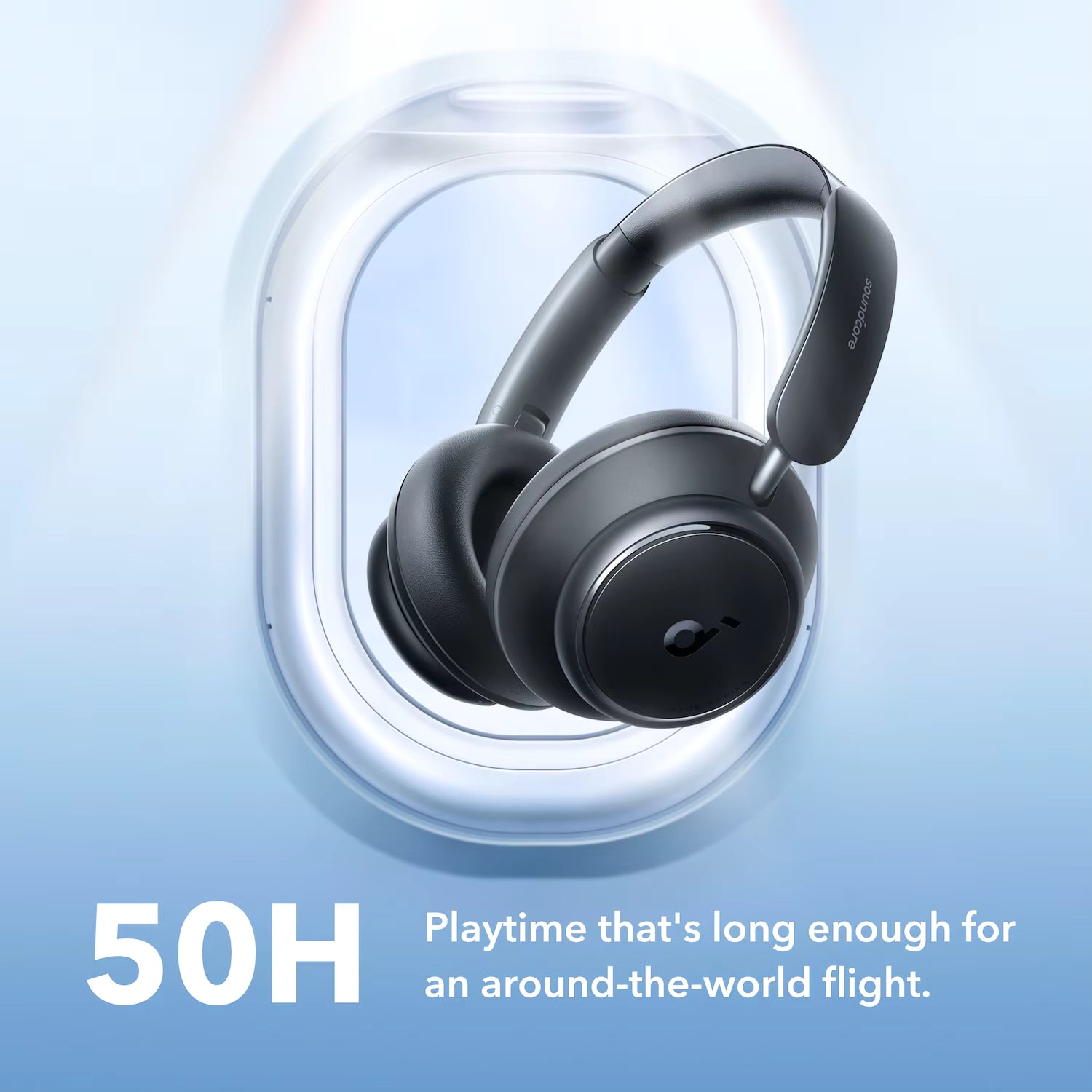 Black wireless headphones with a charging case on a light blue background, featuring text about playtime.
