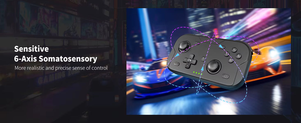 ACEGAMER Pocket Controller with 6‑axis somatosensory motion control shown alongside racing cars. Promotional graphic highlights sensitive and precise motion sensing for realistic gameplay, featuring colorful motion‑path lines around the controller.