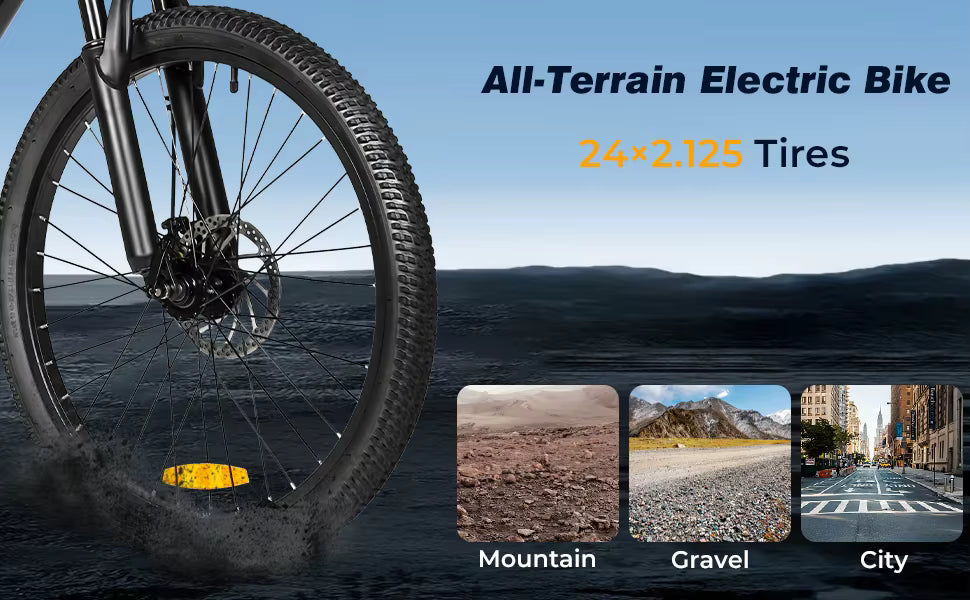 SAMEBIKE EBE2 E-Bike All-terrain electric bike with 24x2.125 tires, showing suitability for mountain, gravel, and city terrains.