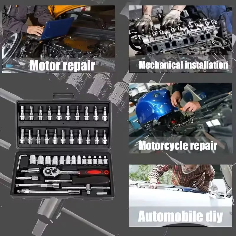 Mechanic using socket wrench for car engine maintenance, motorcycle tuning, and home repair