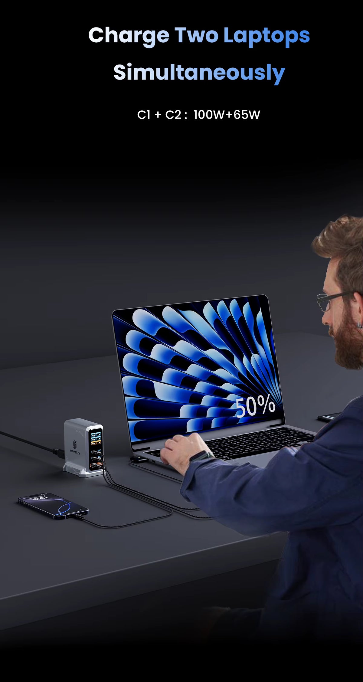 ASOMETECH 240W desktop fast charger powering dual laptops simultaneously