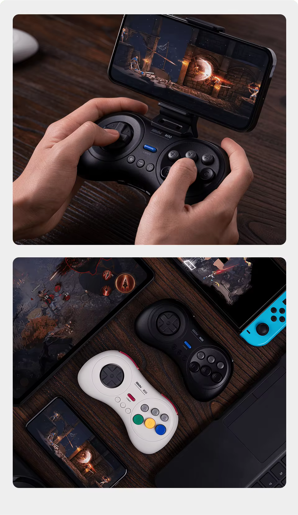 8BitDo M30 Bluetooth Controller Retro Grey and Classic Black Stacked