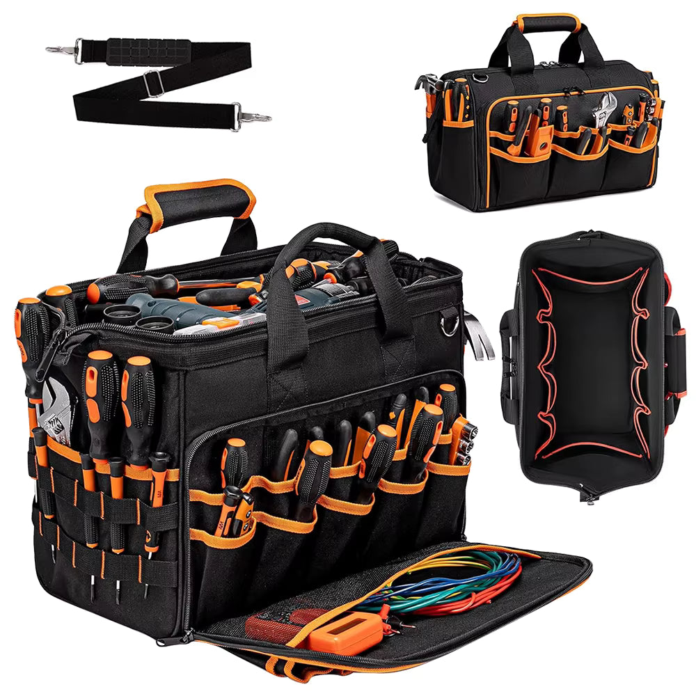 35L Heavy Duty Tool Bag Layout Showing Shoulder Strap Closed View and Top Down Interior Pockets