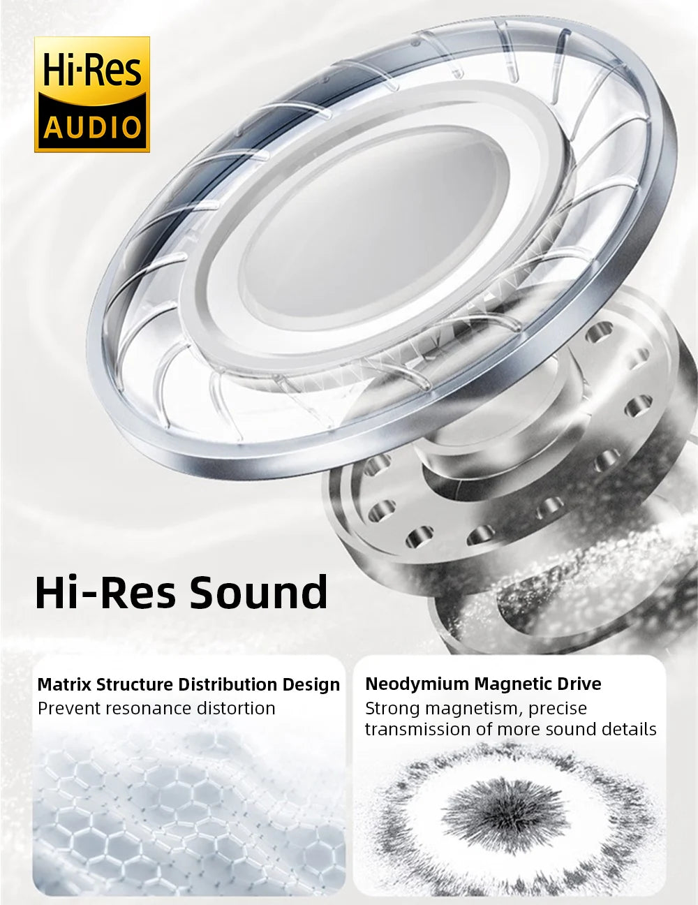 Hi-Res audio speaker driver with technical details on a white background