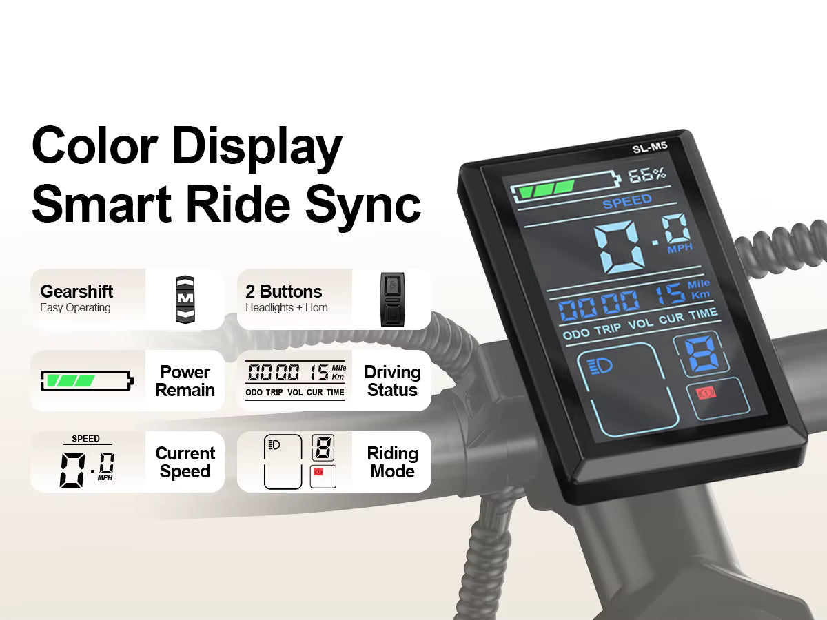 Digital display with color screen and smart ride sync features on a white background