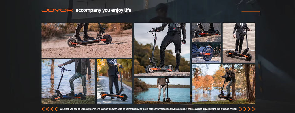 Collage of people using electric scooters with 'Joyor' branding.