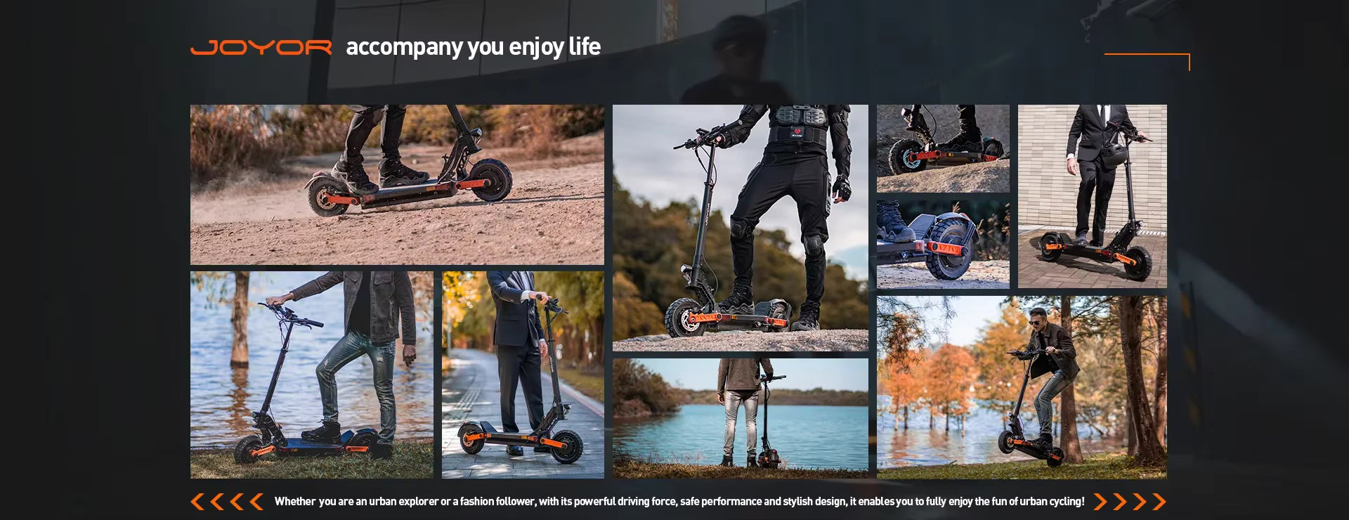 Collage of people using electric scooters with 'Joyor' branding.