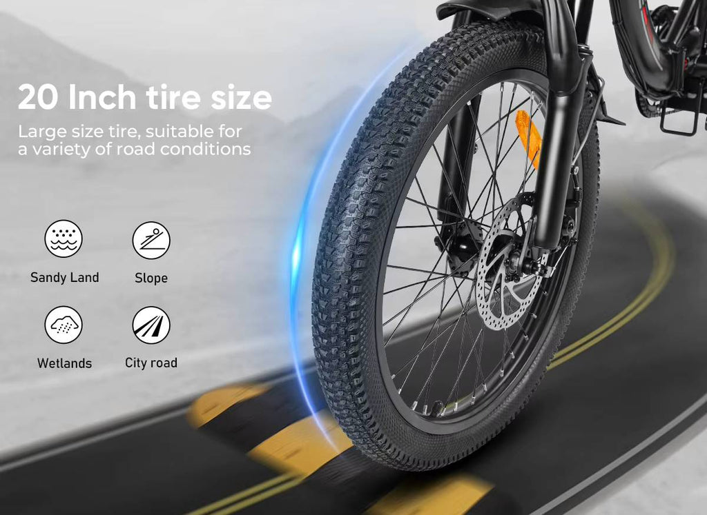 SAMEBIKE CY20 Electric Bicycle tire with text about 20-inch tire size and suitability for various road conditions.