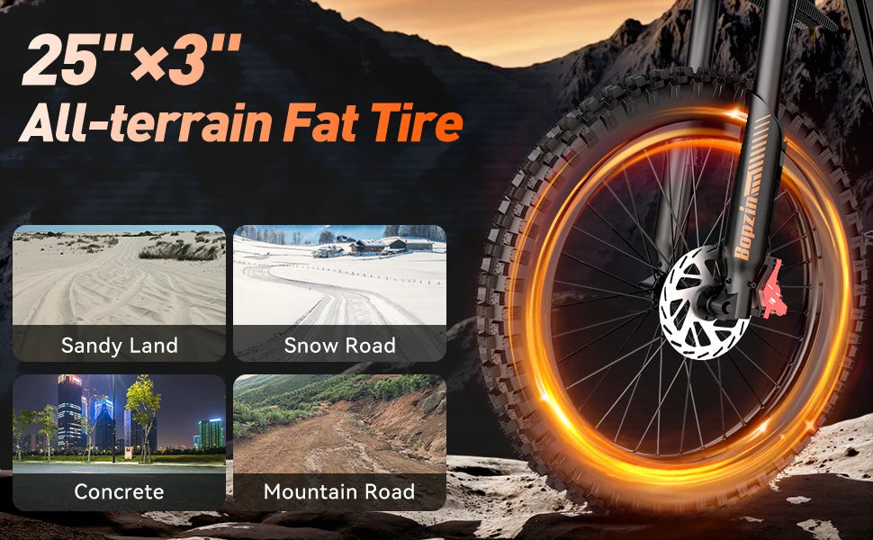 All-terrain fat tire with features on a mountainous background