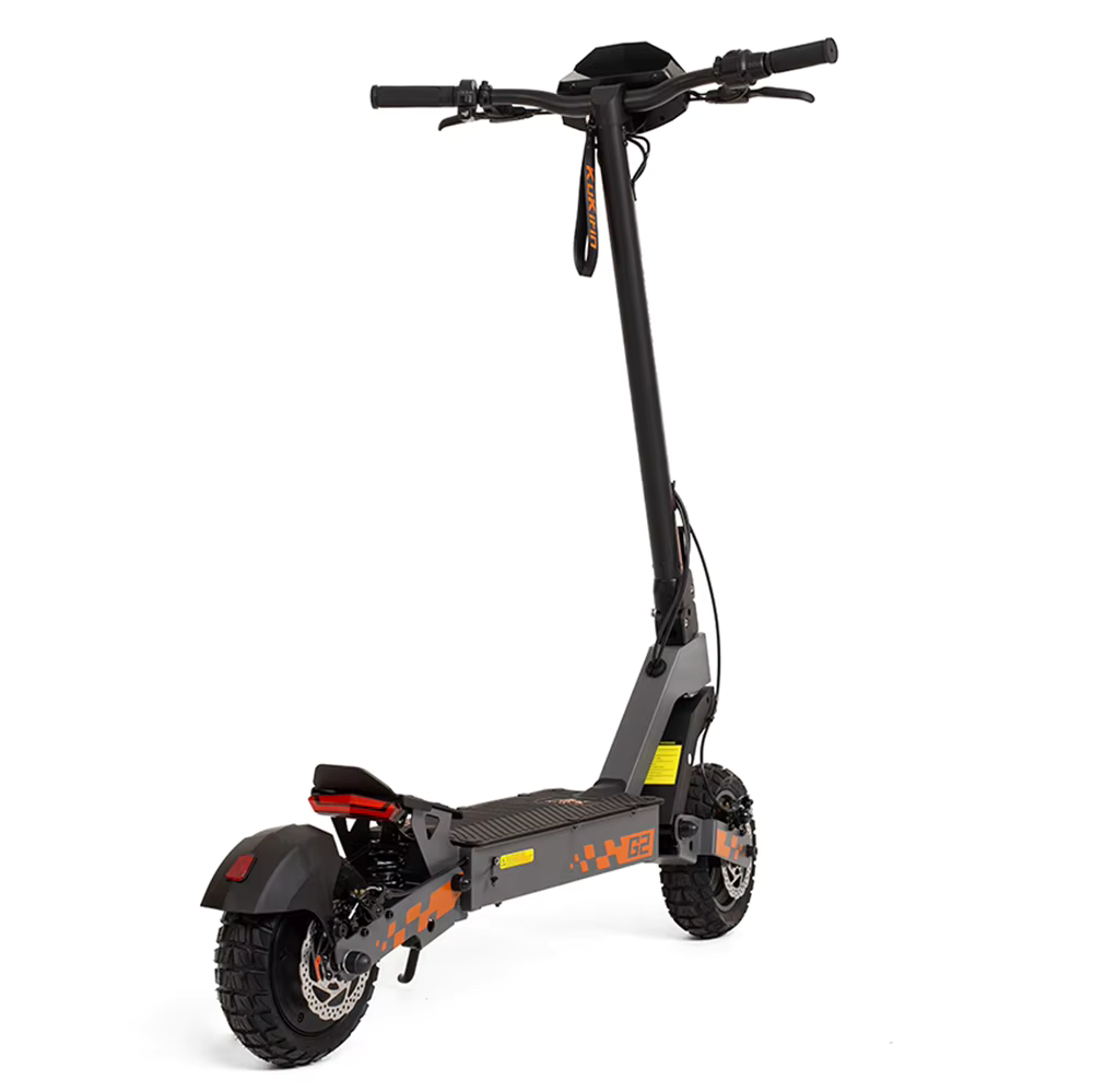 Black electric scooter with orange accents on a white background