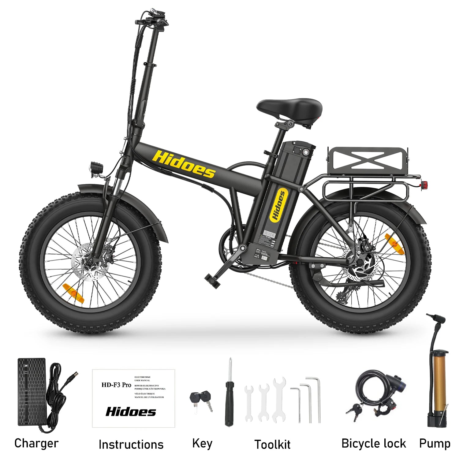 Hidoes HD-F3PRO electric bike with accessories on a white background