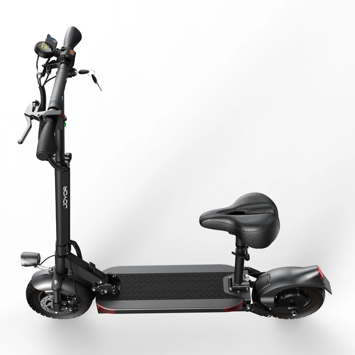 Black electric scooter view above with a seat on a white background