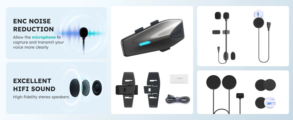 A product collage showing a black and gray Bluetooth headset with accessories, including ear hooks, microphone, mounting clips, and cables. Text on the left highlights ENC noise reduction and excellent HiFi sound.