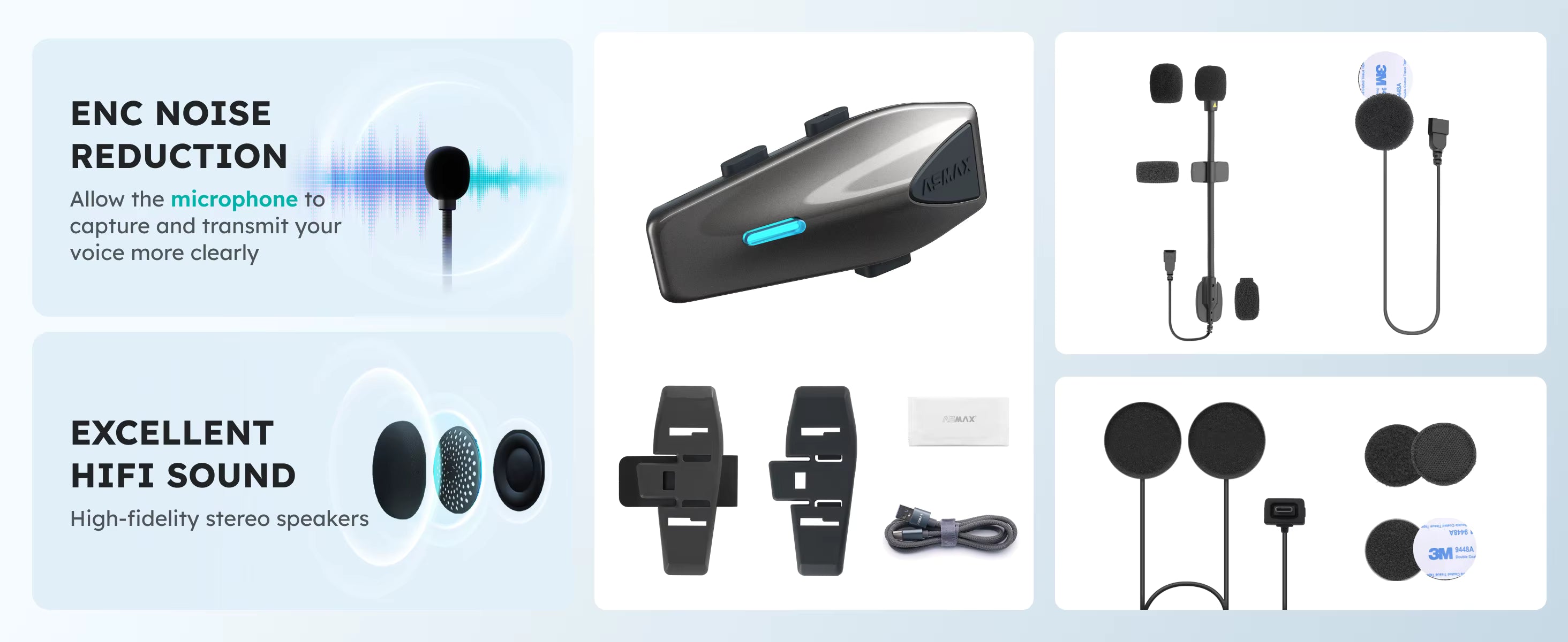 A product collage showing a black and gray Bluetooth headset with accessories, including ear hooks, microphone, mounting clips, and cables. Text on the left highlights ENC noise reduction and excellent HiFi sound.