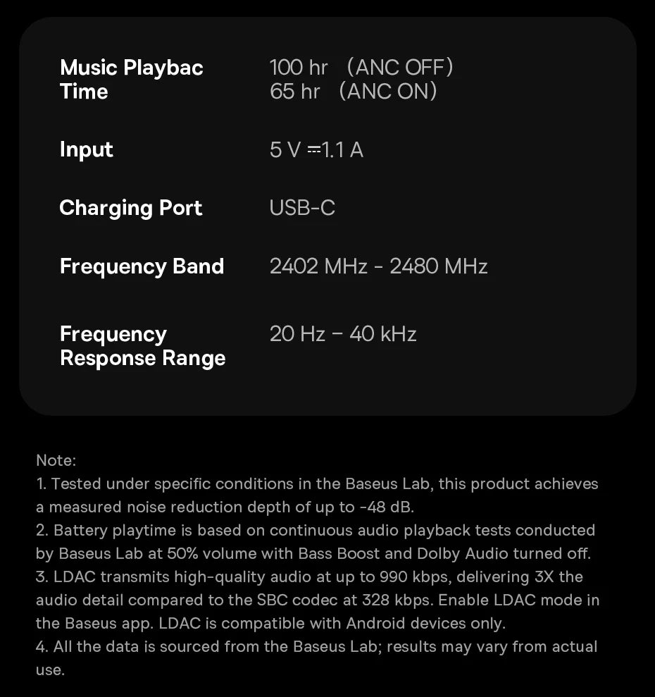 Technical specifications of a Baseus Inspire XH1 product displayed on a black background