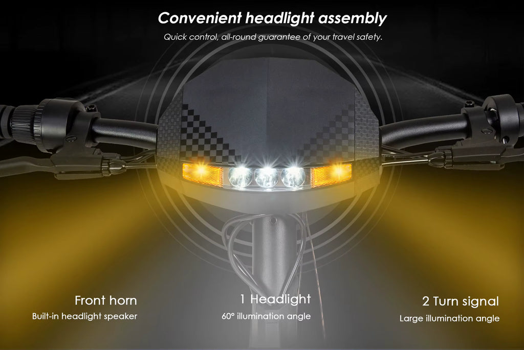 E-scooter headlight assembly with front horn, headlight, and turn signals on a dark background.
