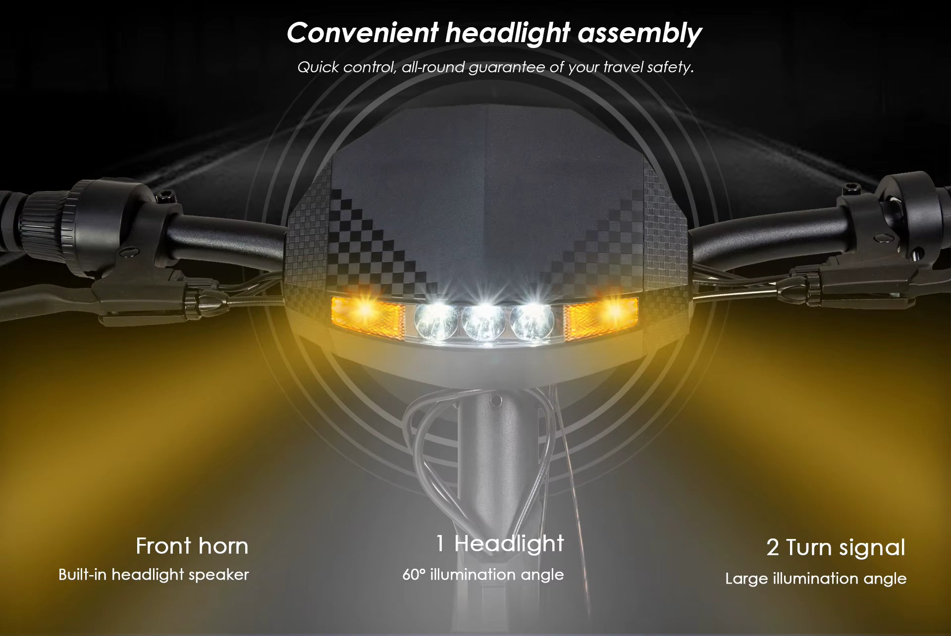 E-scooter headlight assembly with front horn, headlight, and turn signals on a dark background.