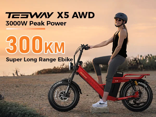 Person riding a red TESWAY X5 AWD electric bike with Tesway branding and power specifications.