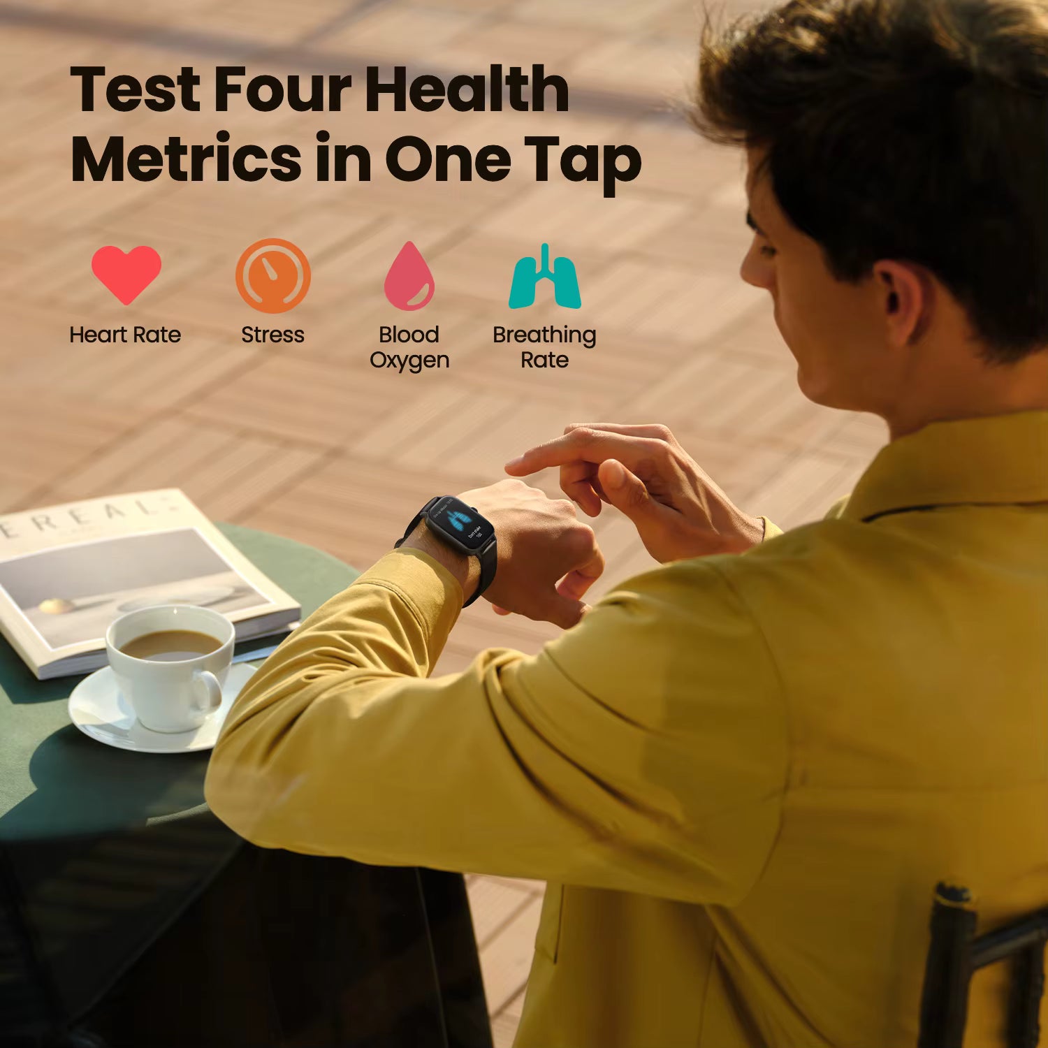 Person using a smartwatch with health metrics displayed, sitting at a table with a book and coffee.