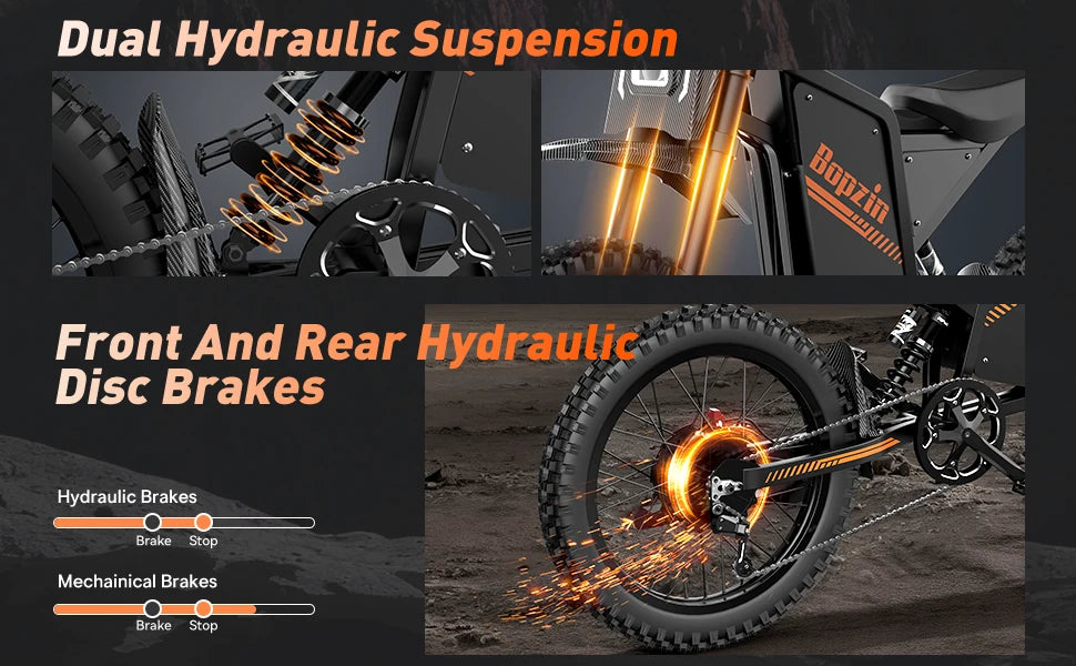 Electric Bicycle with dual hydraulic suspension and front and rear hydraulic disc brakes, featuring brand 'Bopzin'.