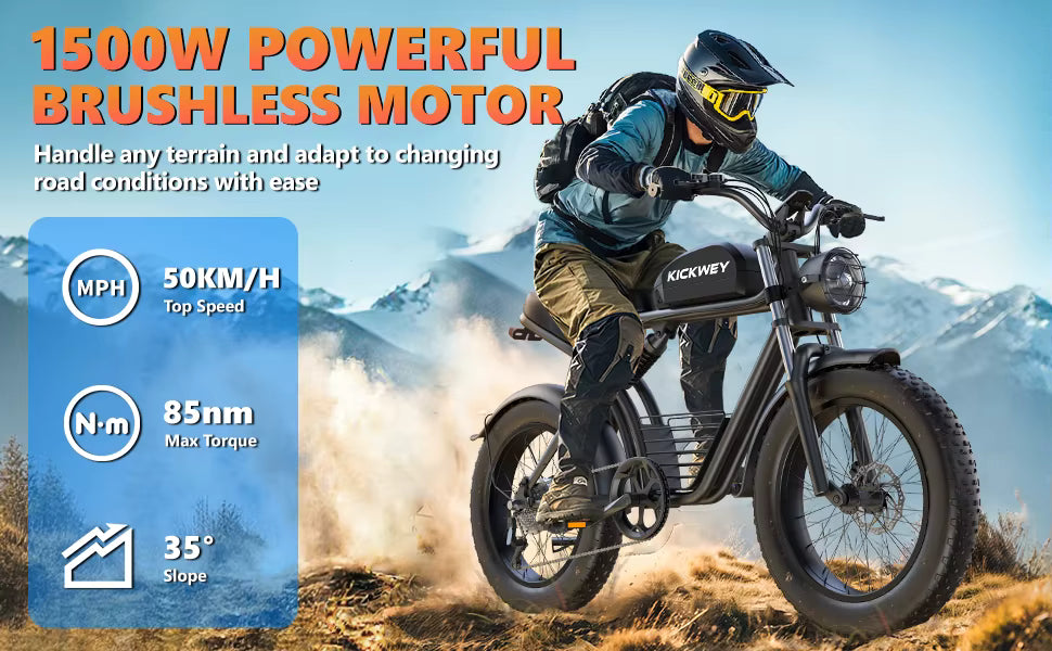 Person riding an electric bike with mountainous background and product features displayed.