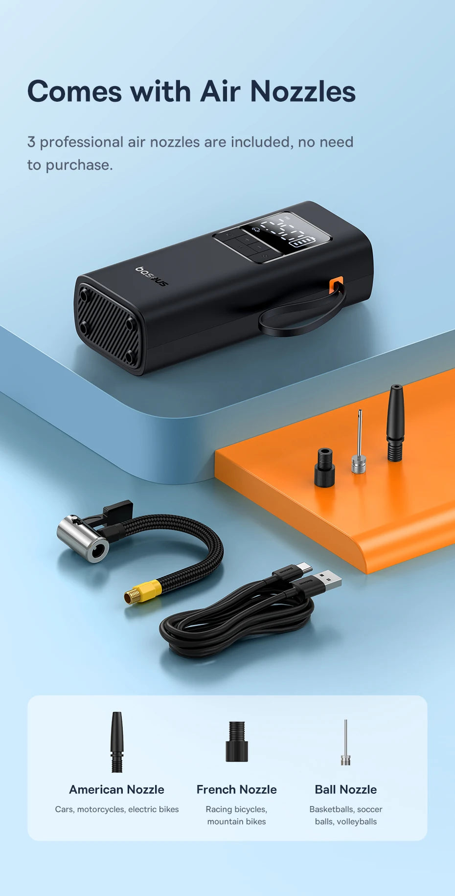 Black air pump with accessories on a blue and orange background