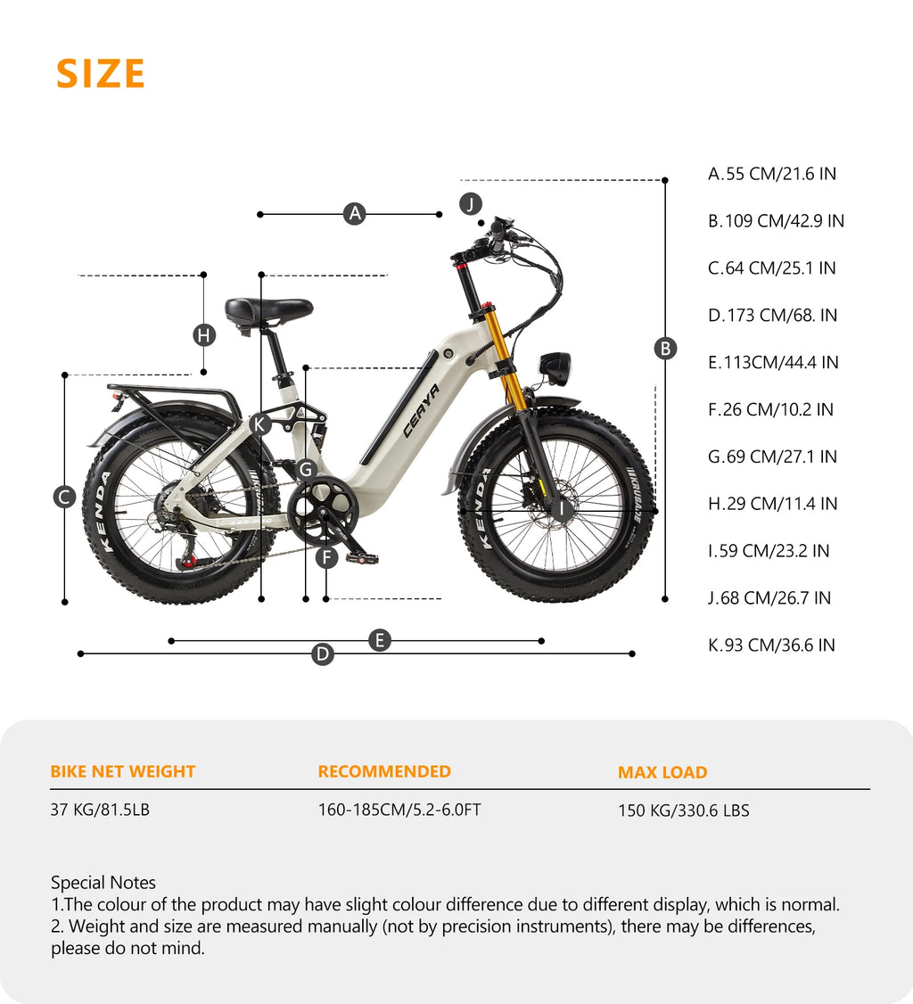 Measurement chart of an electric bike with dimensions labeled