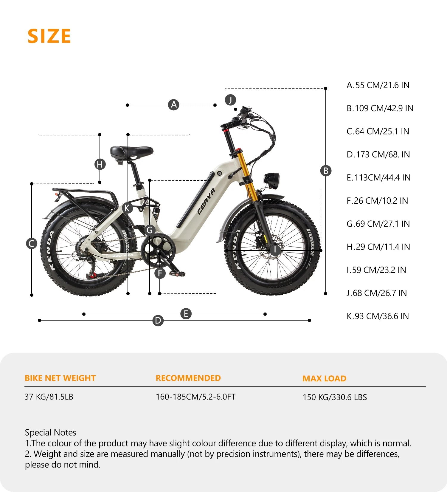 Measurement chart of an electric bike with dimensions labeled