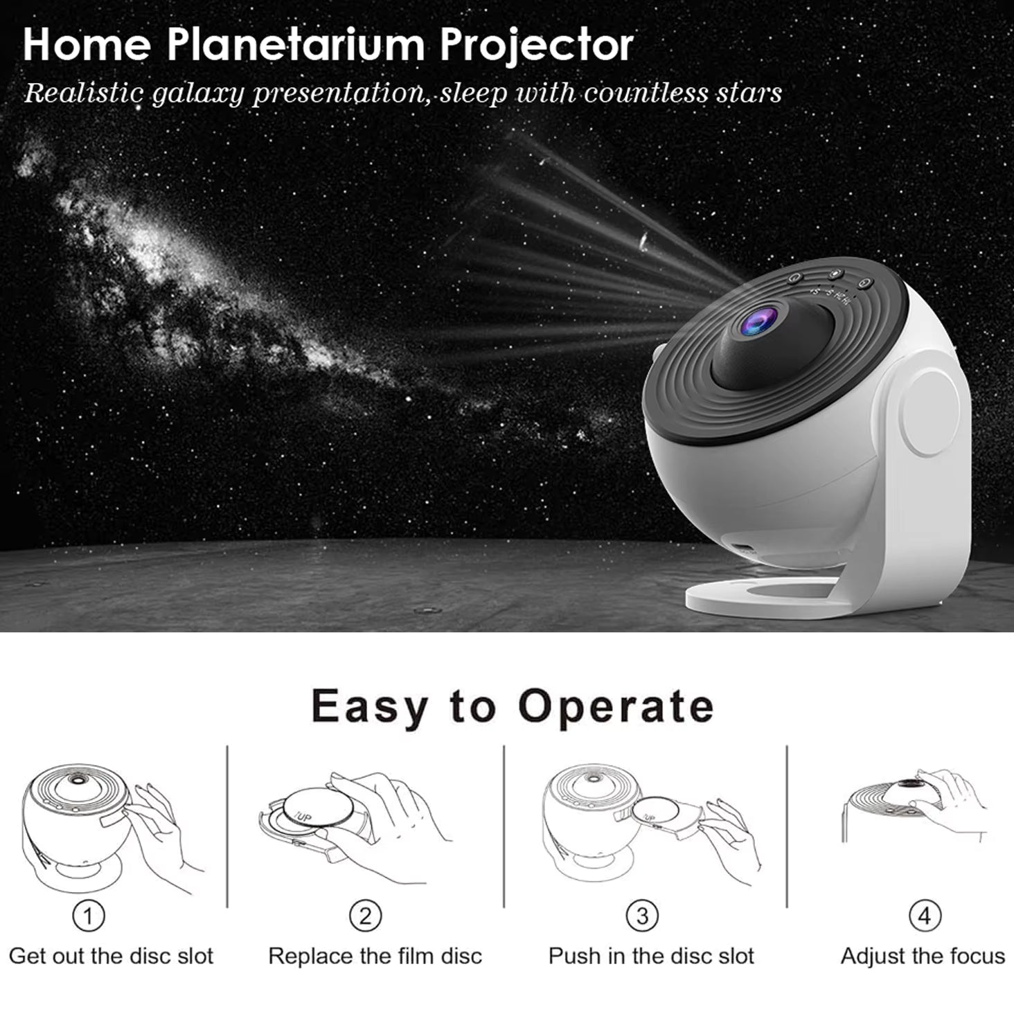 Home Planetarium Projector shown projecting starry galaxy light beams against a black starry sky background, with text reading 'Home Planetarium Projector' and a lower panel showing four simple operation steps.