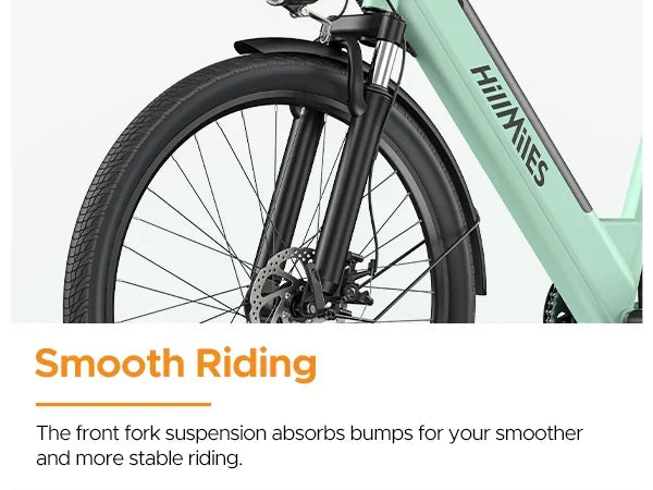 Close-up of a bicycle front wheel with 'HillMiles' branding and text about smooth riding.