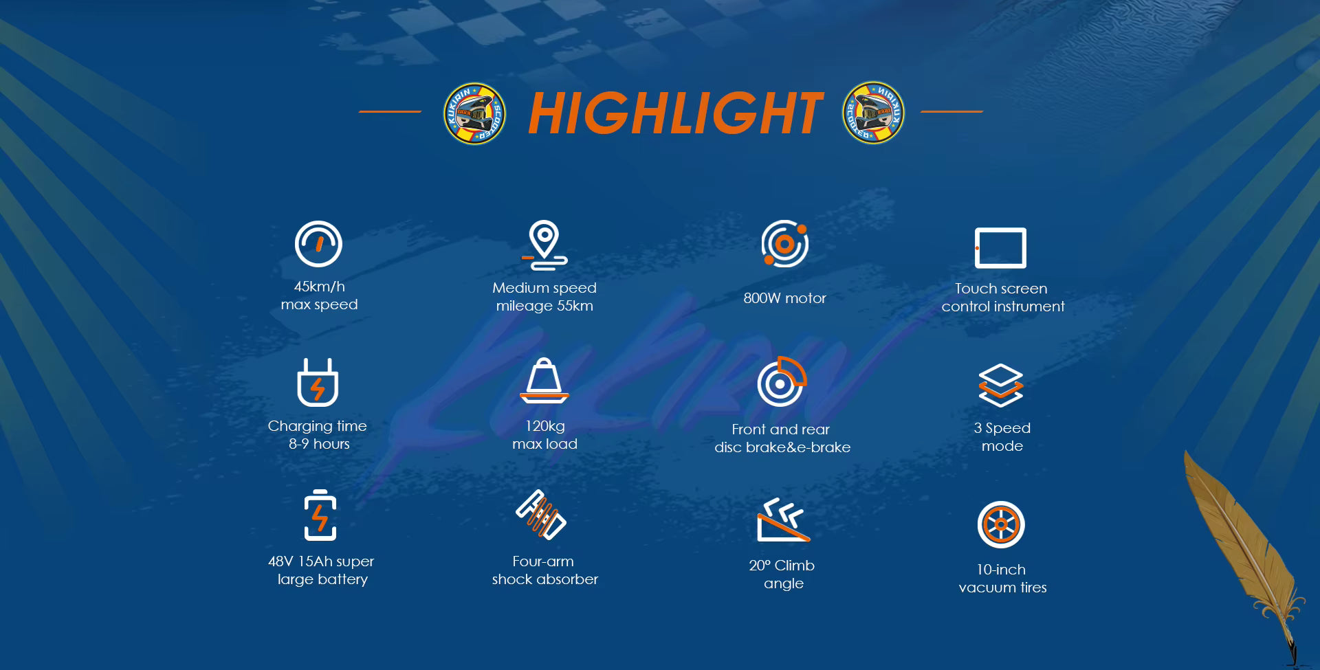 Product feature screen with icons and text on a blue background