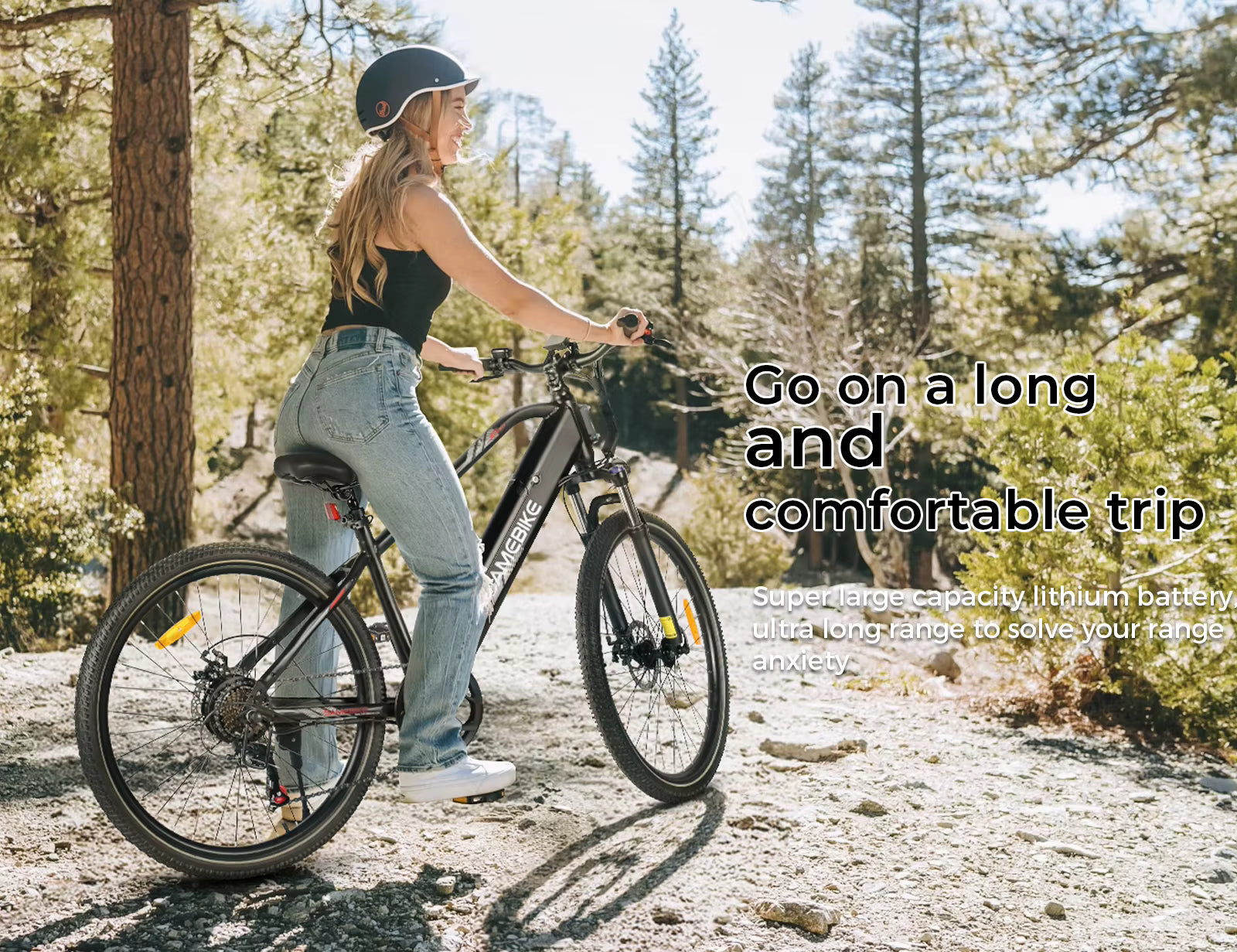 Woman riding a SAMEBIKE RS-A01 MEN electric bicycle in a forest with promotional text overlay.