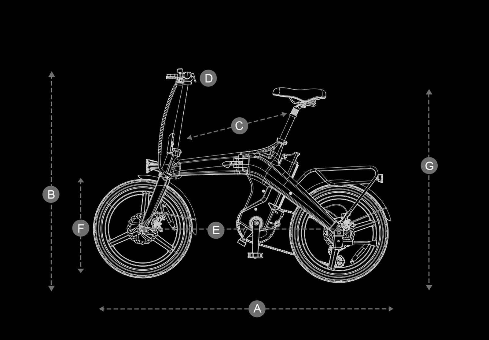 Technical diagram of a bicycle on a black background