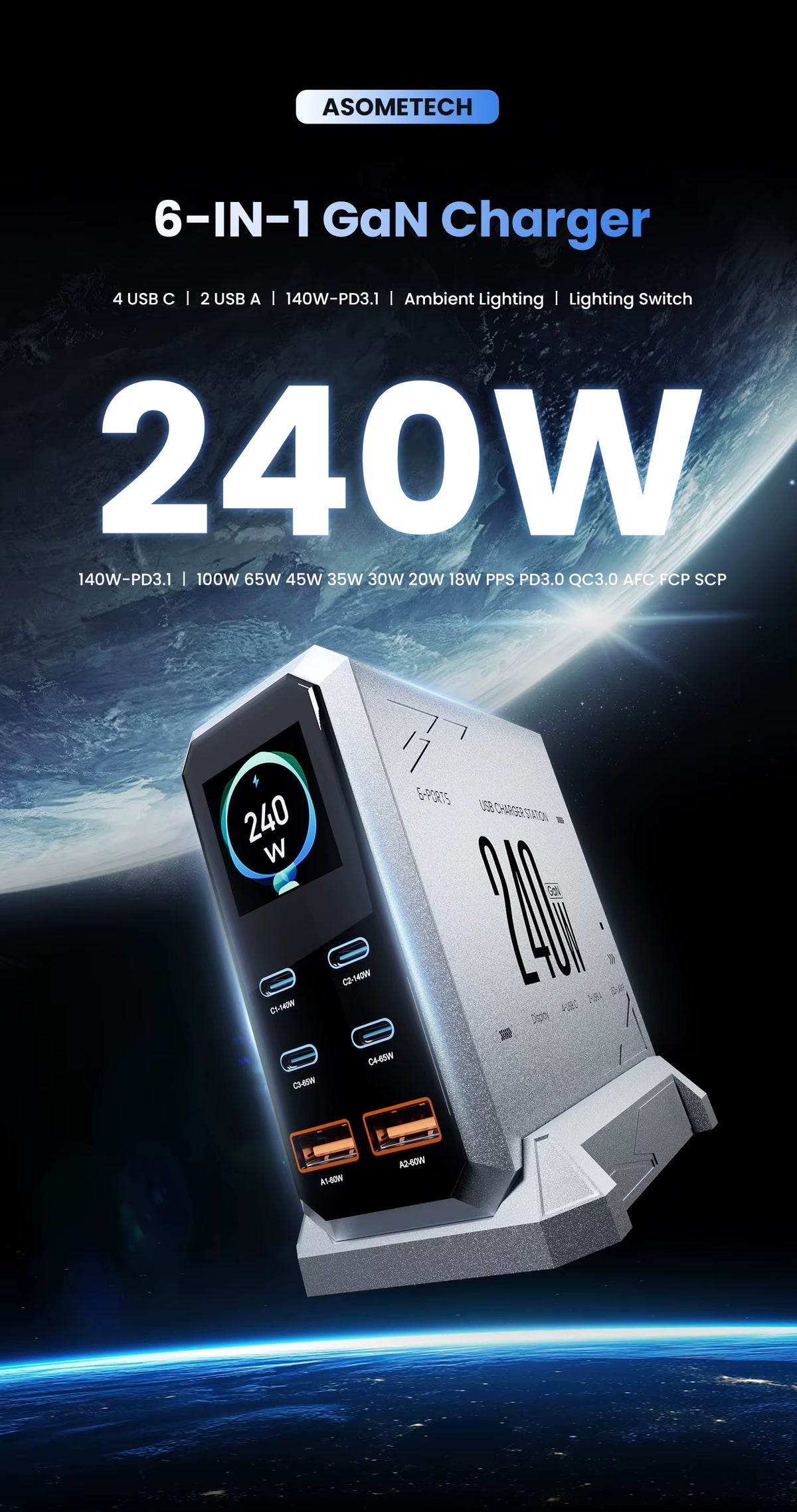 ASOMETECH 240W 9-in-1 GaN desktop fast charger promotional graphic