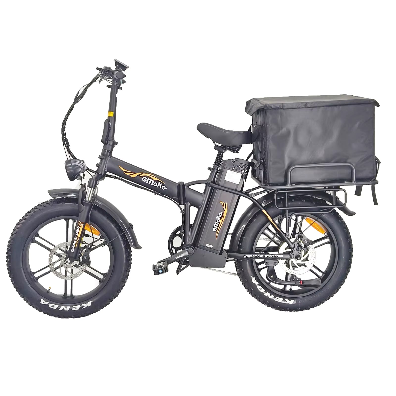 Black electric EMOCO 1000W e-bike with a basket on a white background