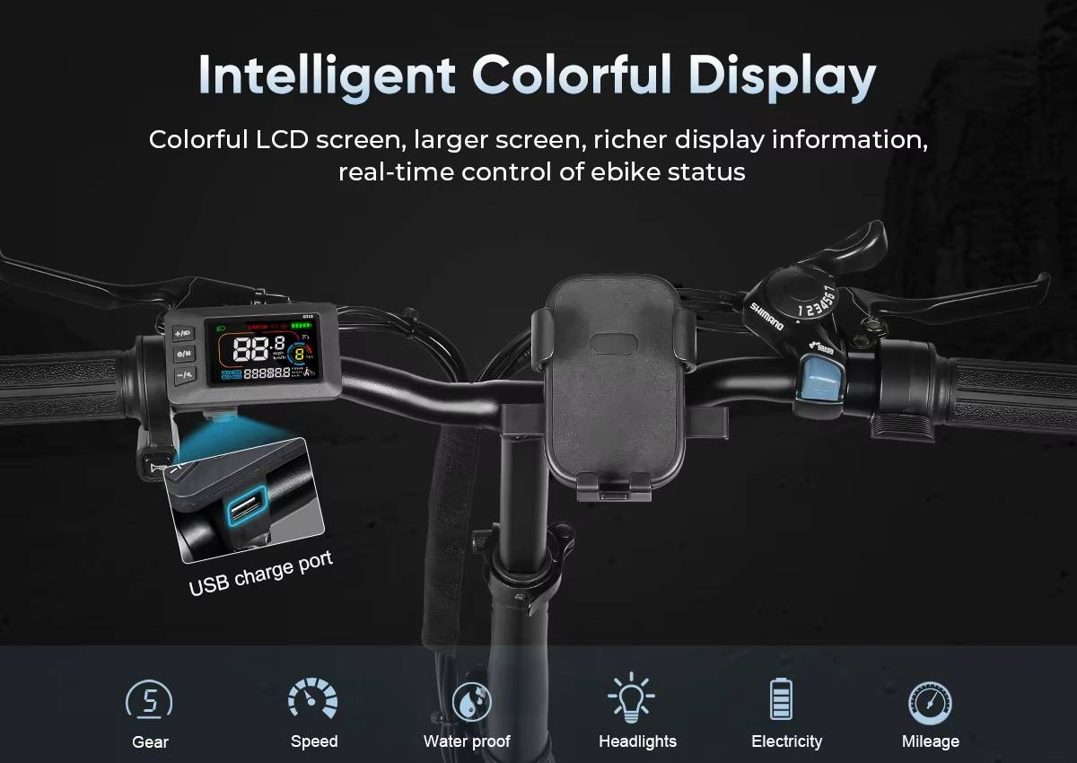 SAMEBIKE CY20 Intelligent colorful LCD display on an electric bike with features highlighted.