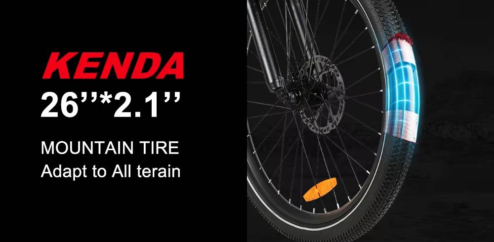Kenda Samebike XD26-II electric bicycle mountain bike tire with specifications on a black background