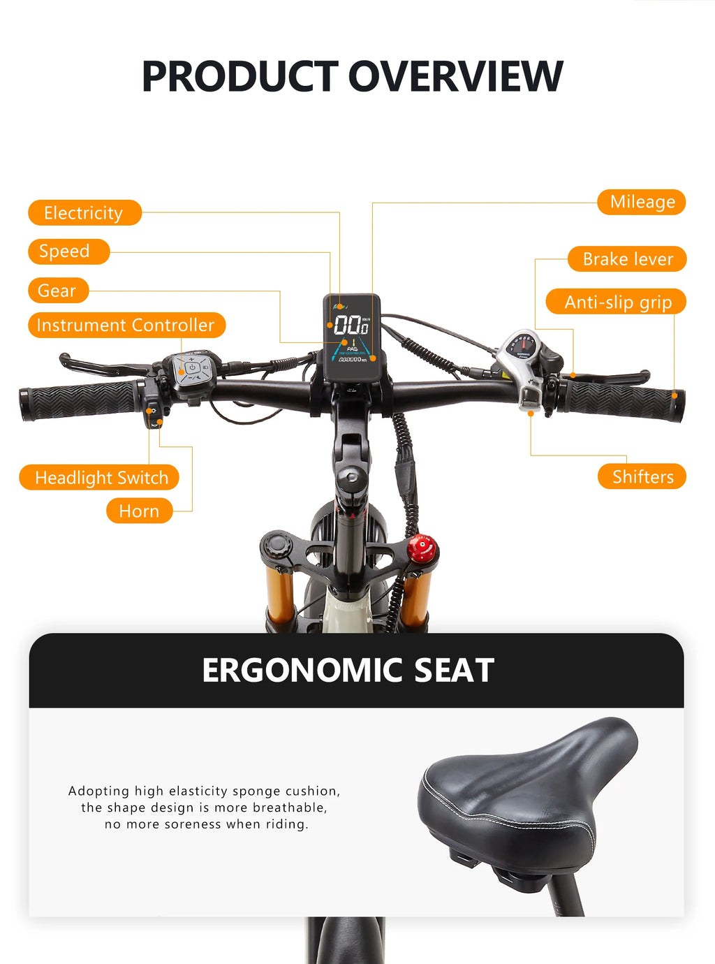 Electric Bicycle handlebar setup with labeled components and ergonomic seat on a white background