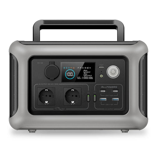 Portable power station with digital display and multiple outlets on a white background