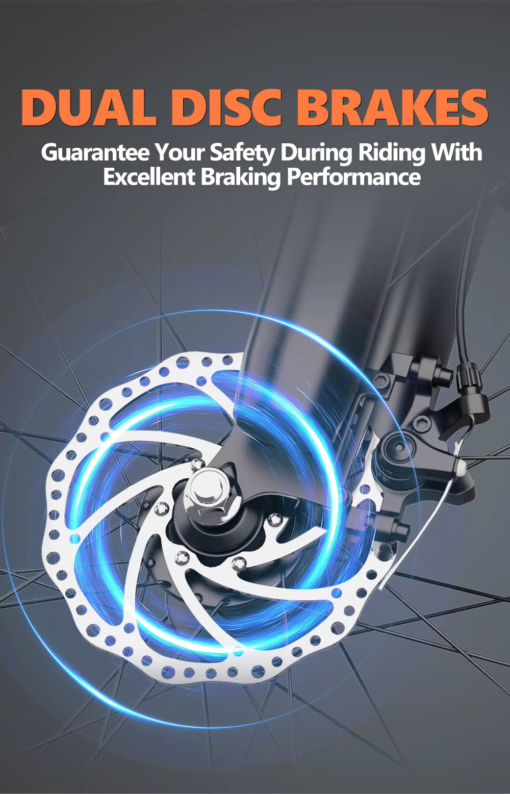 Bicycle dual disc brakes with text highlighting safety and performance on a dark background